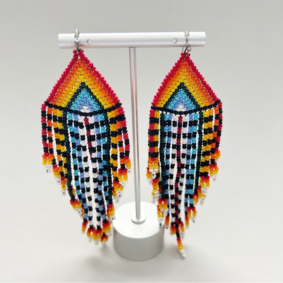 Colorful Tribal Beaded Dangling Earrings - Picture 5 of 6